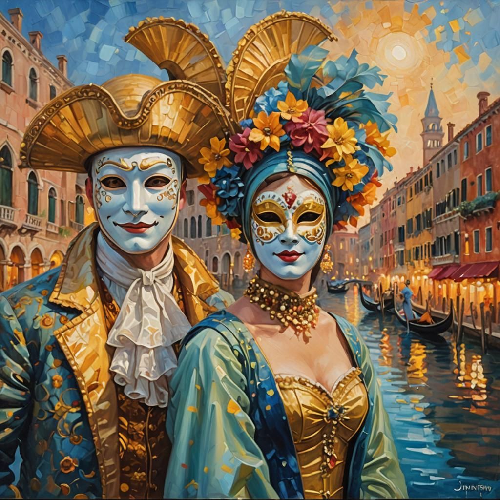 Venice Festival: Impressionist Oil Painting with Dancing Fig...