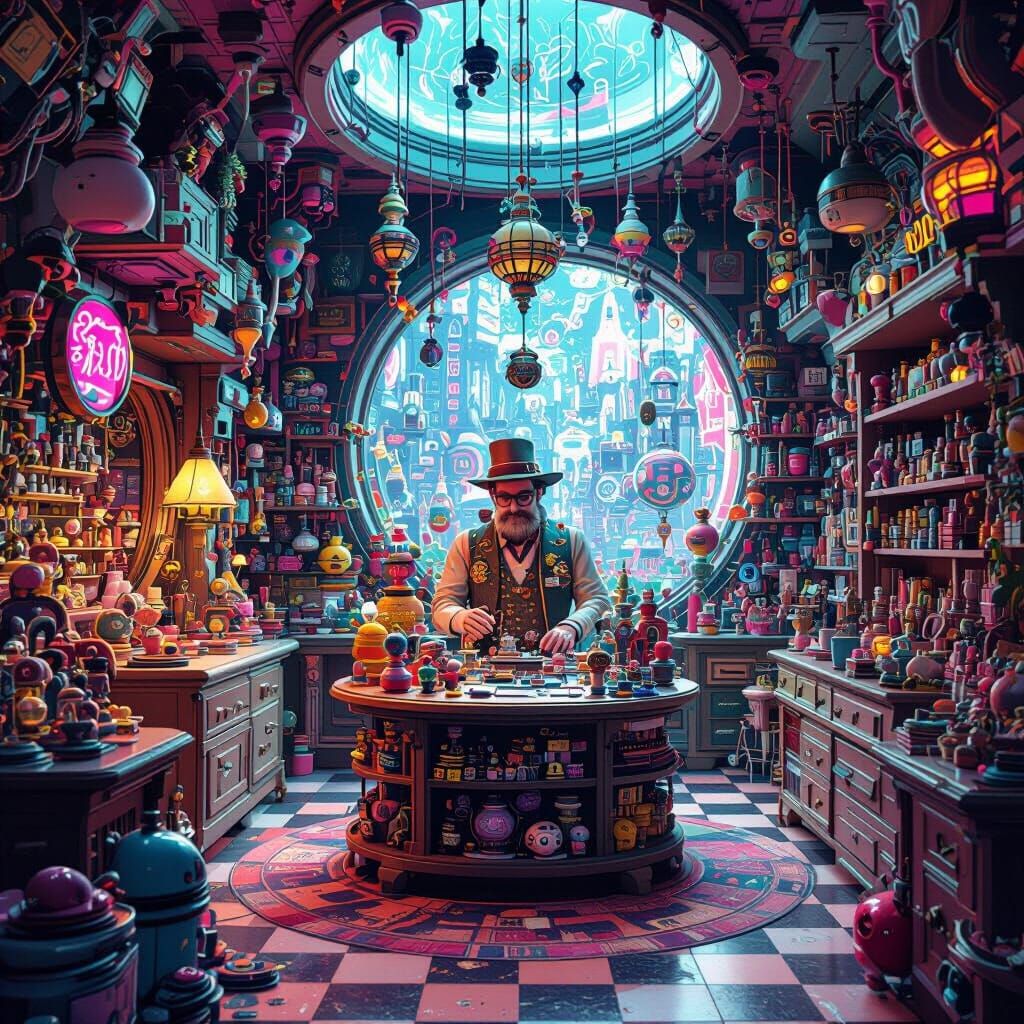 Magical Toy Shop with Surreal Futuristic Design