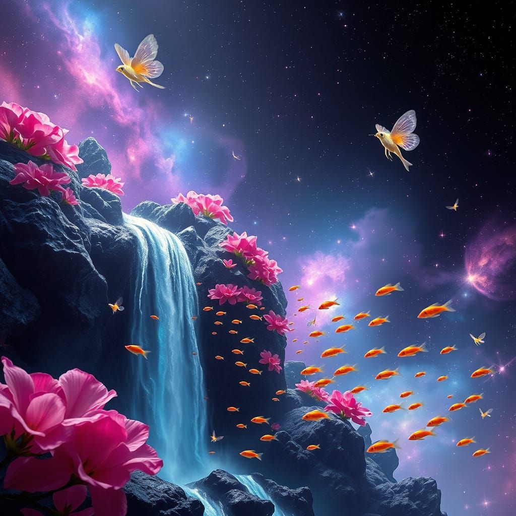 Celestial Waterfall with Vibrant Fish and Flowers in Space
