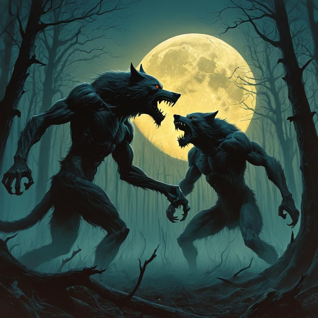 Werewolf Battle in Mystical Forest: Dark Fantasy Art