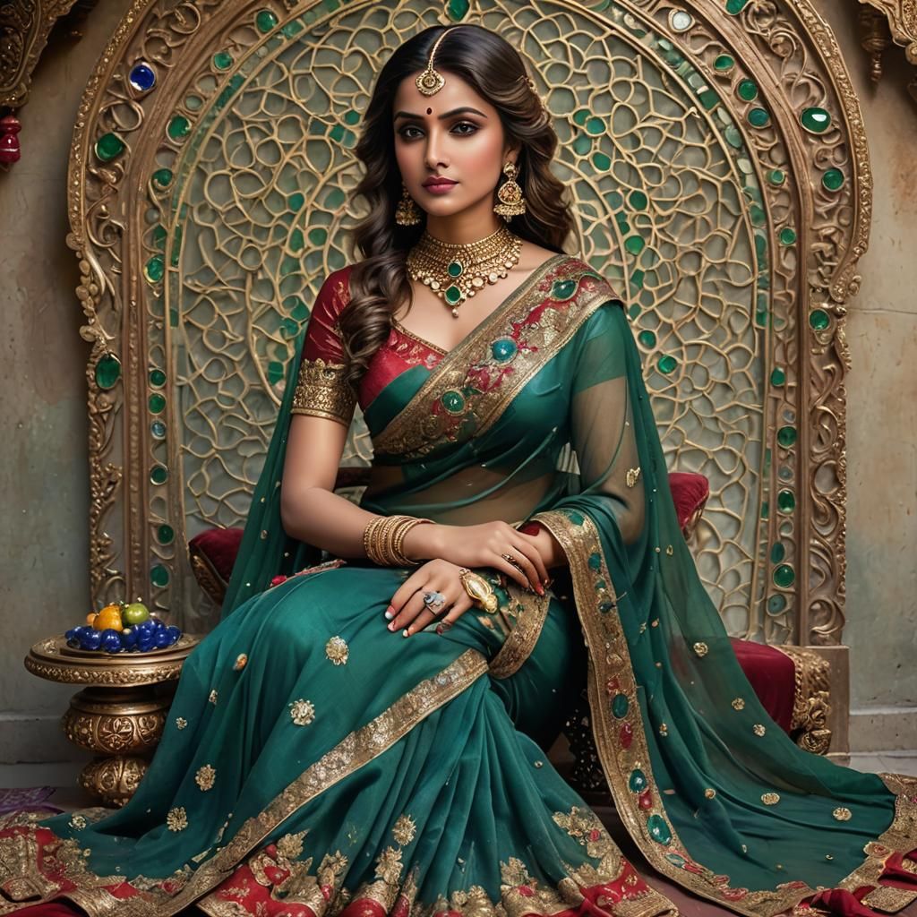 Regal Woman in Transparent Saree with Jewels