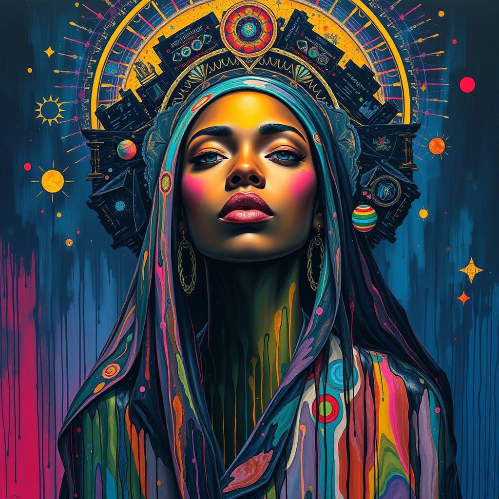 Afrofuturistic Cosmic Priestess in Vibrant Neon Drip Paintin...