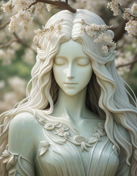 Alabaster Statue Head with Acacia Branch Hair in Ethereal Ga...