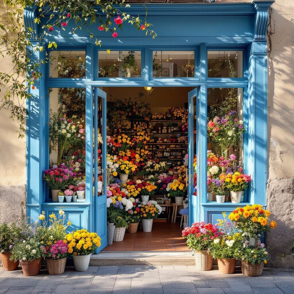 Charming Flower Boutique with Open Blue Door, Golden Hour Li...
