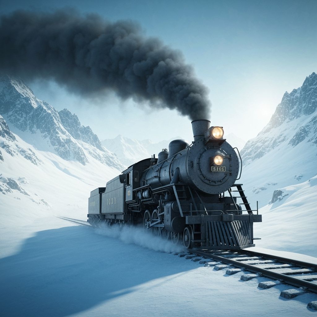 Art Deco Steam Train in Snowy Mountain Vista
