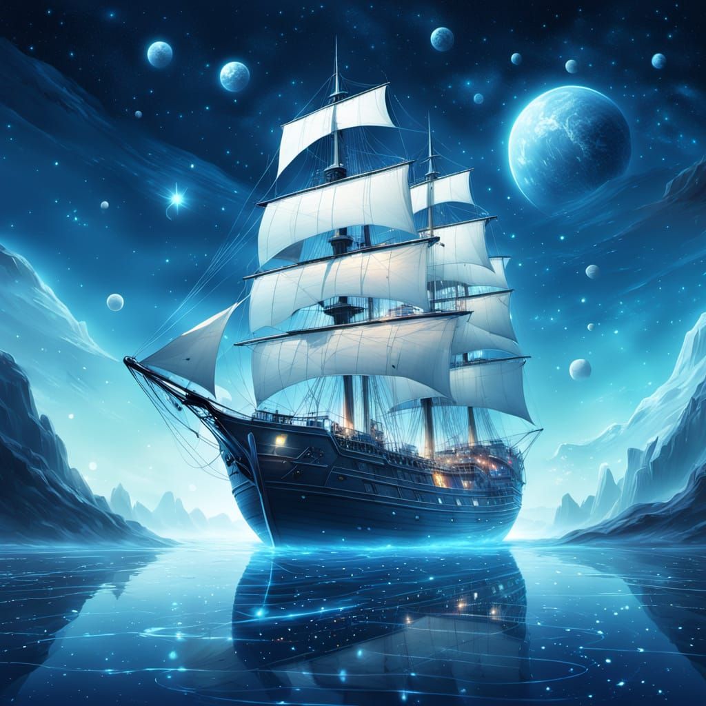 Ethereal Ghost Vessel Sailing Starry Seas: Sci-Fi Art