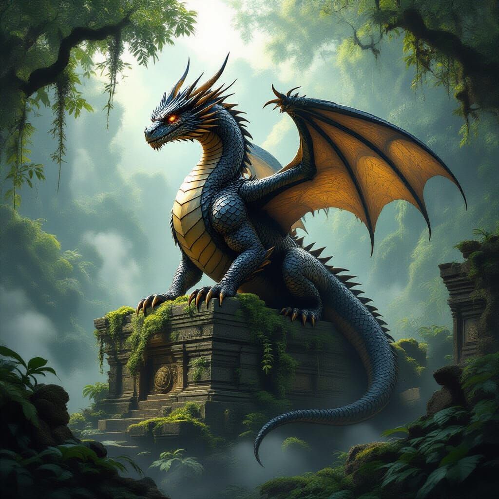 Majestic Ancient Dragon in Misty Jungle Ruins