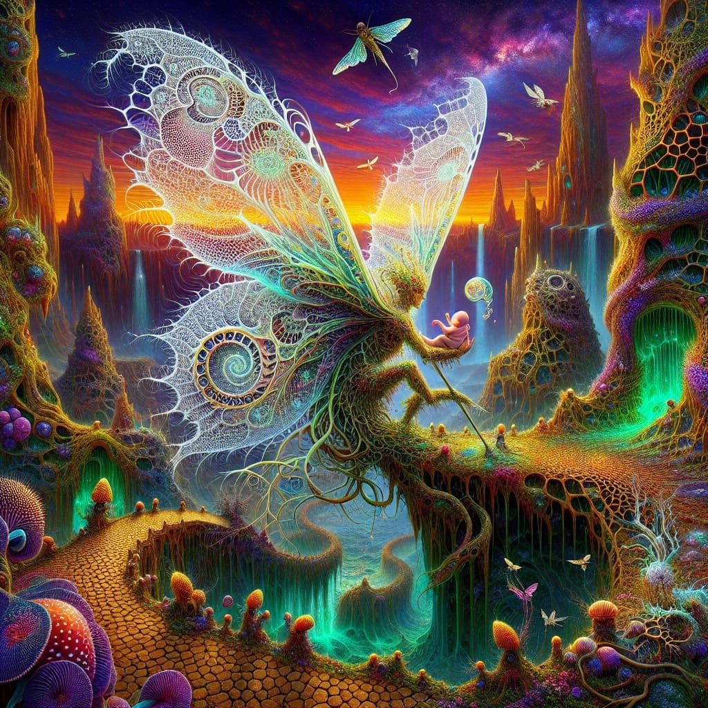 Ethereal Nymph-Wizard with Baby in Bioluminescent Landscape