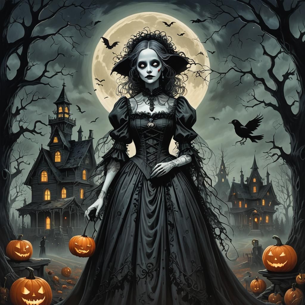 Humorous Ghost in Spooky Forest: Tim Burton-esque Art