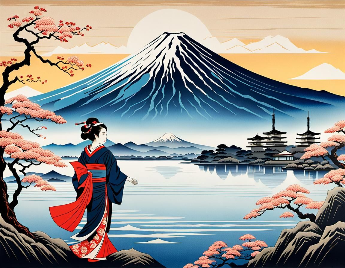 A Geisha in front of Mount Fuji