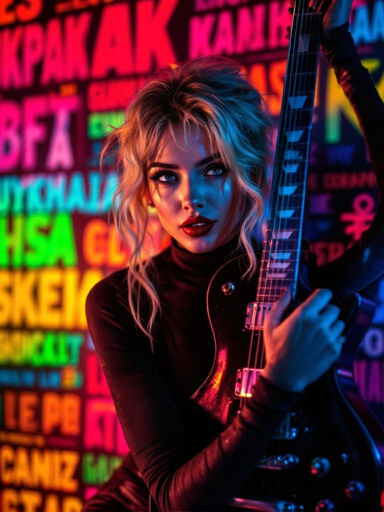 Sultry Woman with Guitar in Pulp Fiction Style