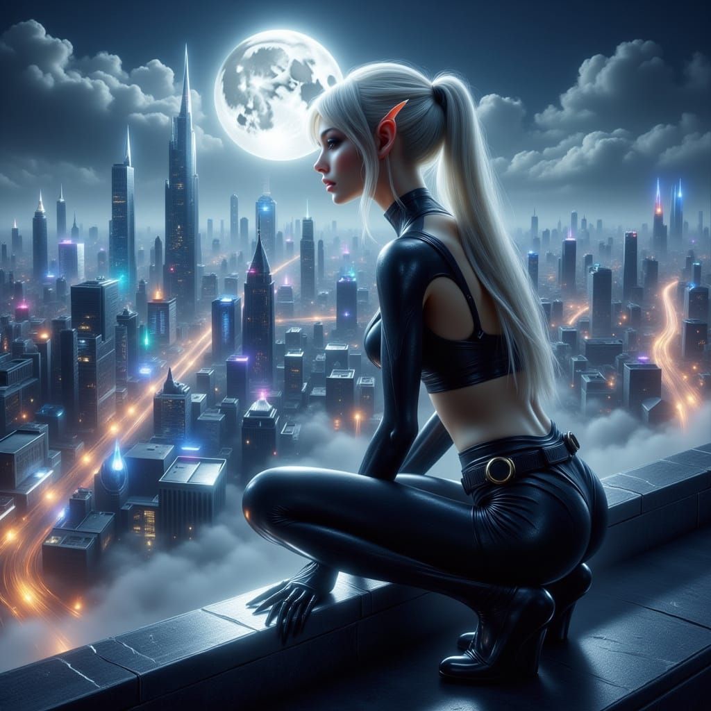Cyberpunk Elven Assassin under Full Moon