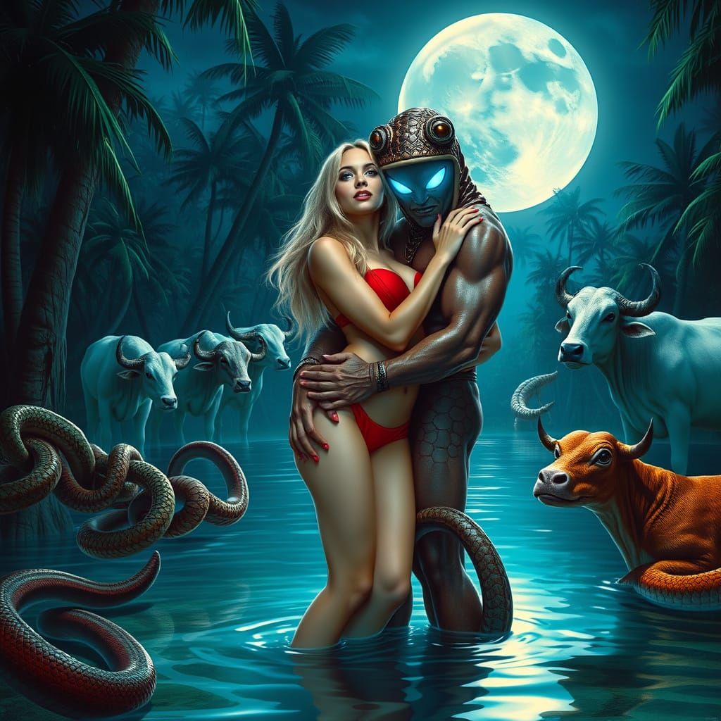 Stunning Blonde Woman in Red Bikini, Embracing Alien-Human H...