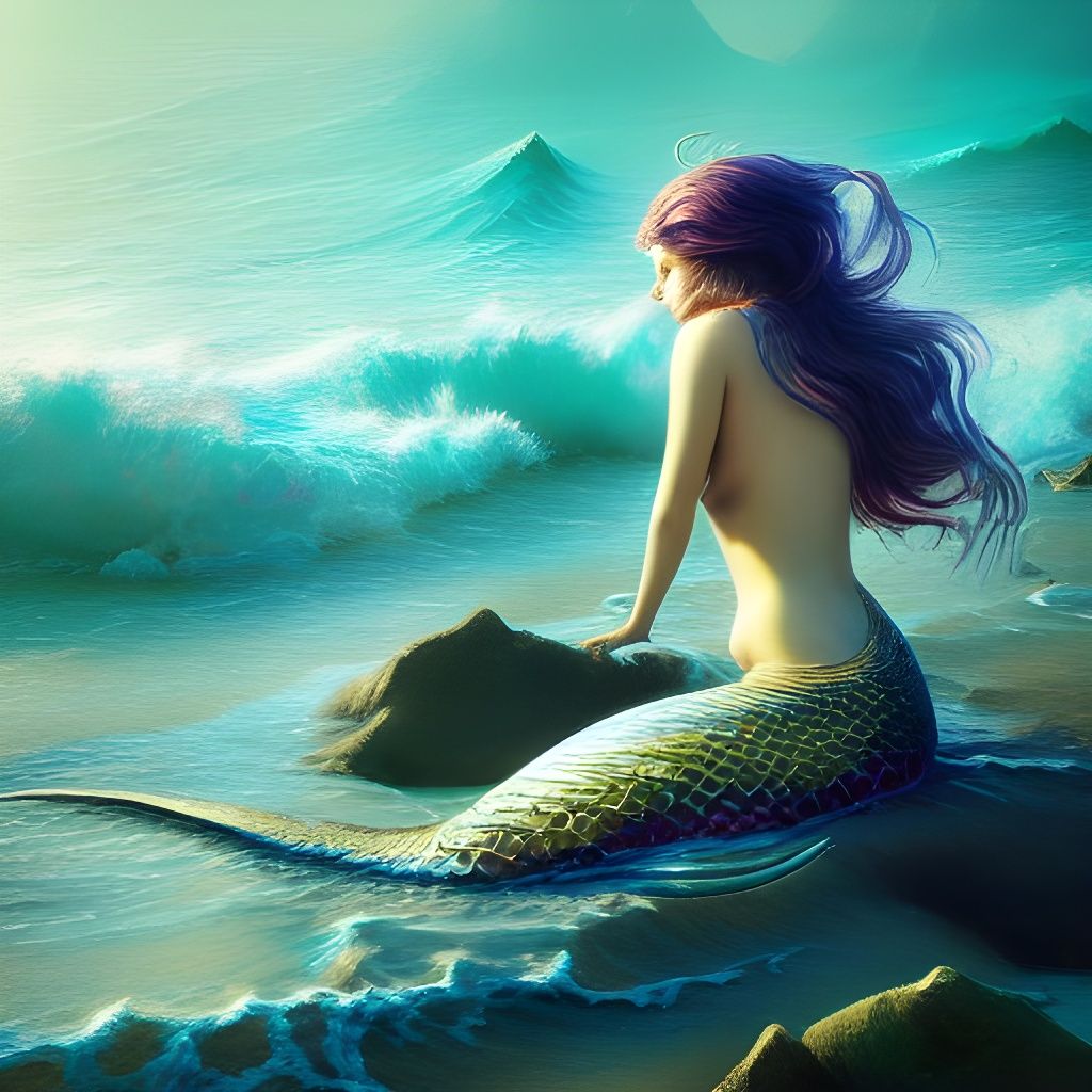 Hyperdetailed Mermaid on Shoreline, Digital Painting