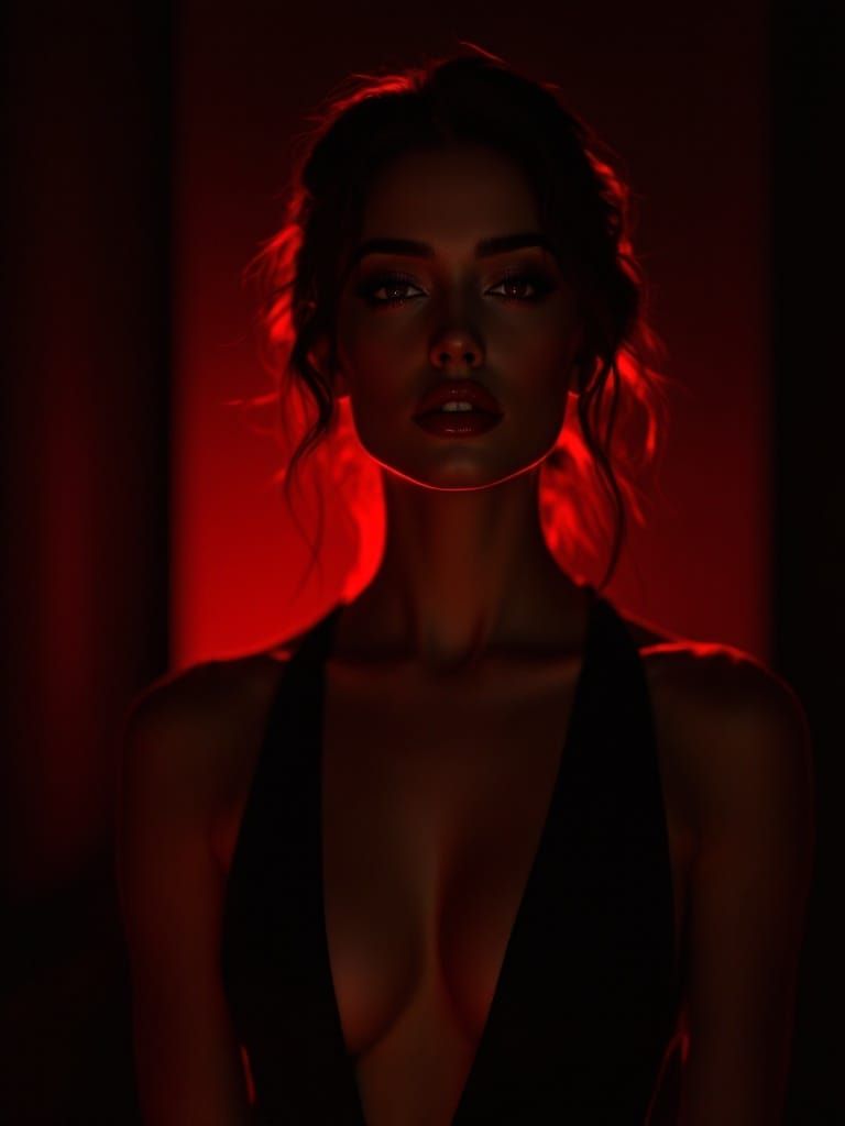 Dramatic Red Light Illuminates Elegant Woman