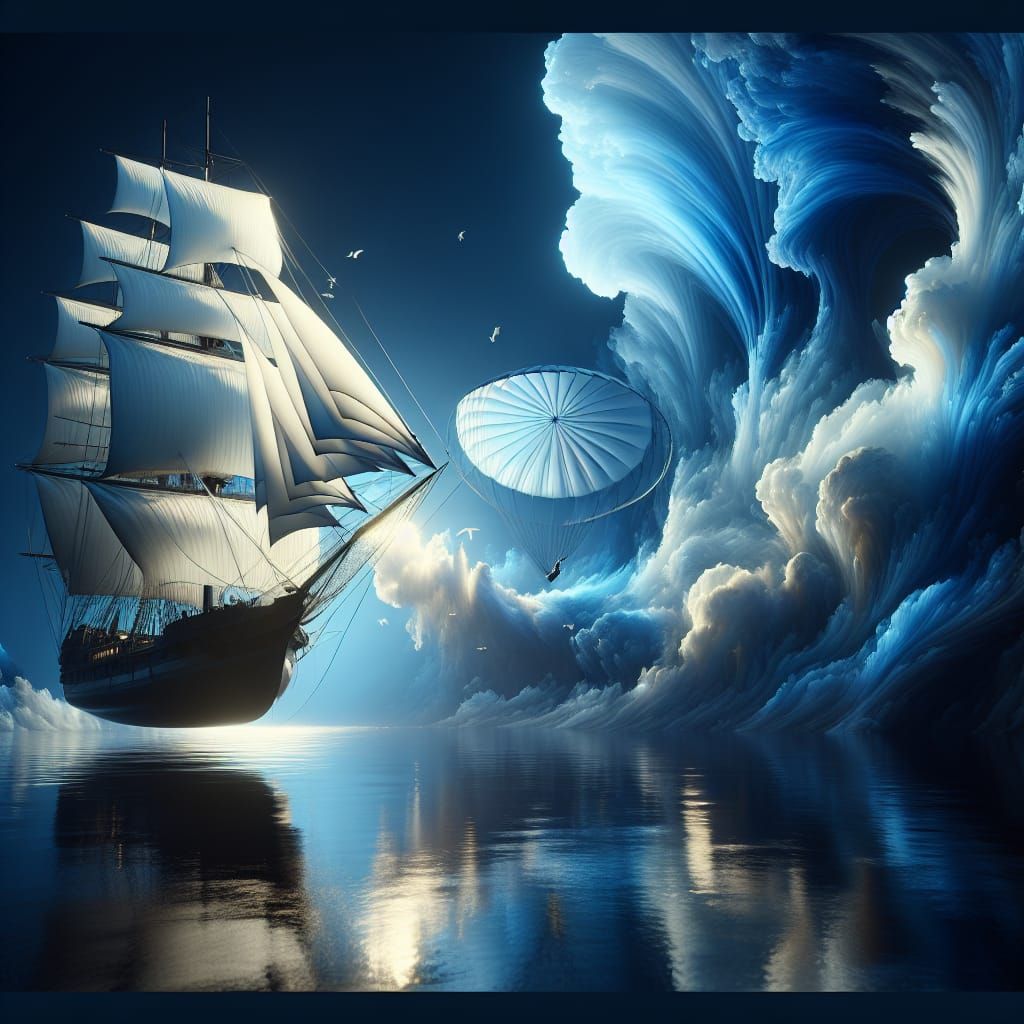 Sailing Ship Descent with Parachute in Chiaroscuro