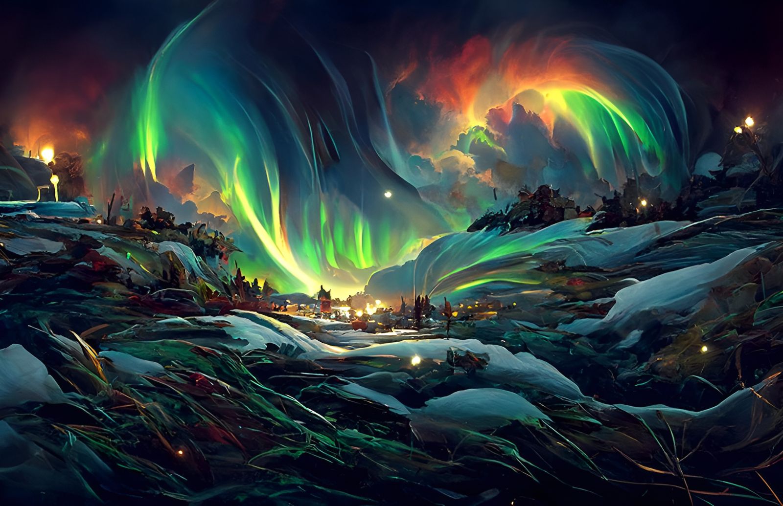 Spiraling Northern Lights Landscape in Tiffany Style