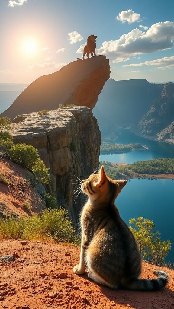 Kitten Gazing at Lion on Cliff: 8K Detail