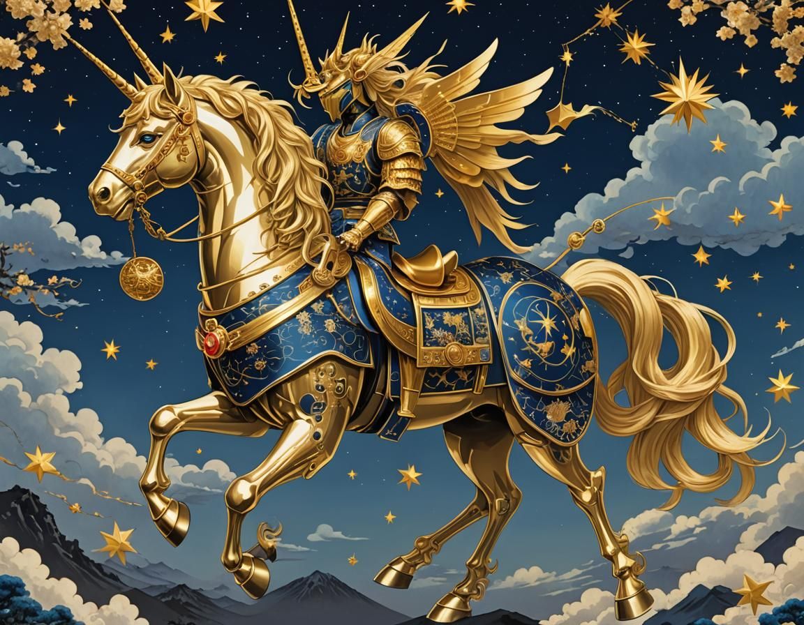Golden Robot Unicorn Flying in Ukiyo-e Style