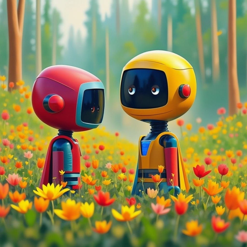 Whimsical Robots Among Blooming Flowers in a Futuristic Gard...