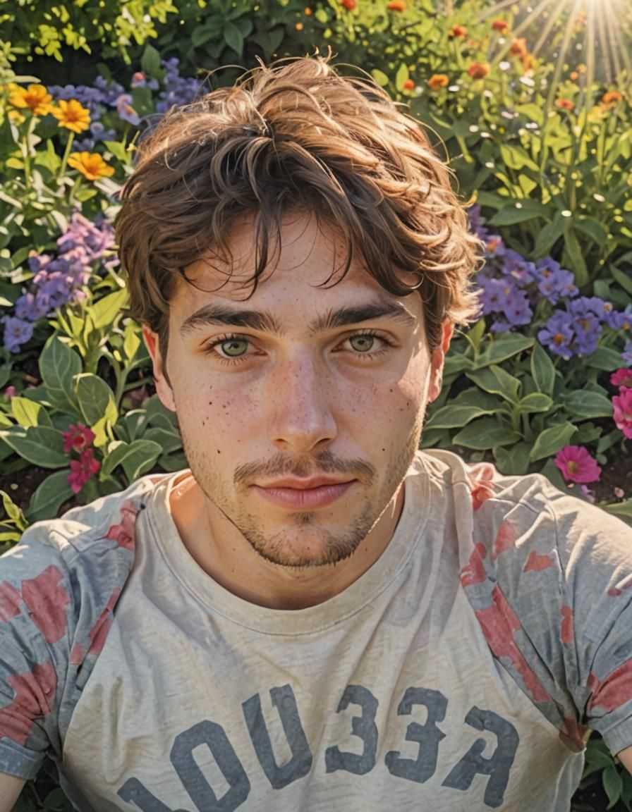 Man Relaxing in Summer Flower Bed