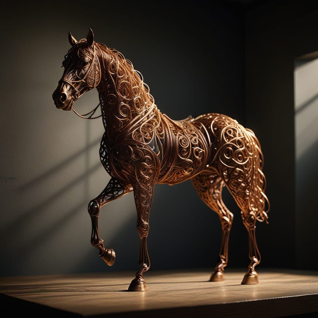 Elegant Copper Wire Horse in Darkened Studio