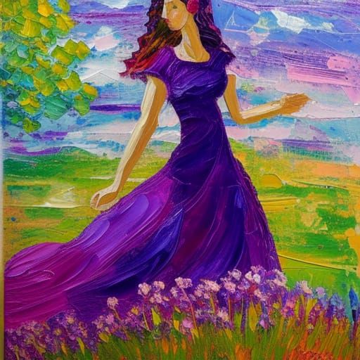 Girl in Purple Dress: Expressionist Oil Painting