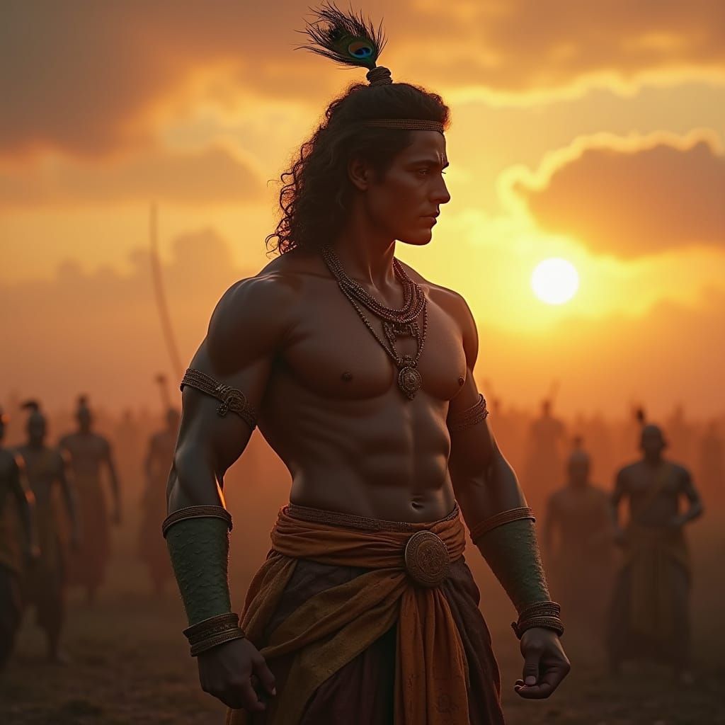 Krishna as Warrior in Dramatic Battlefield Sunset Digital Ar...
