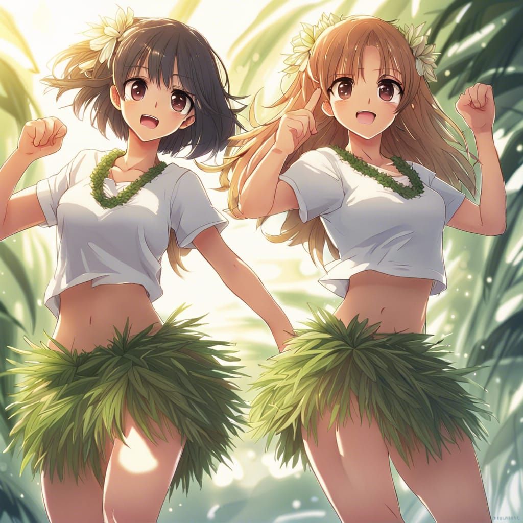 Hula Girls Dancing in Anime Style