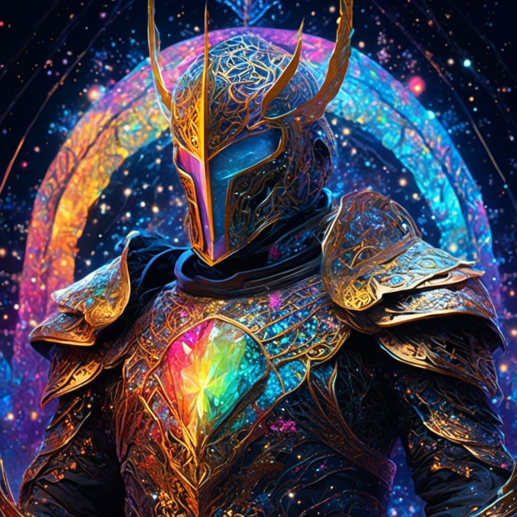 Beautiful Knight in Rainbow Armor with Constellations