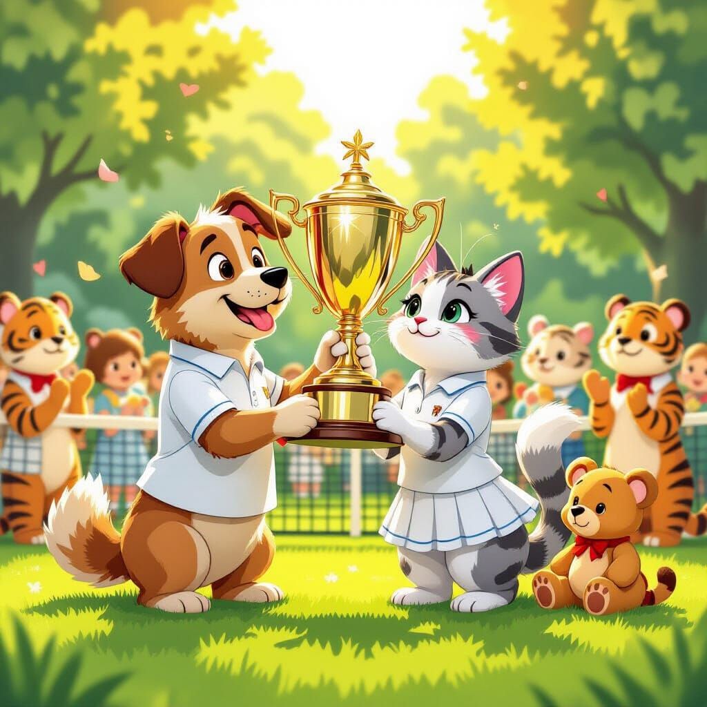 Dog and Cat Celebrate Tennis Win in Storybook Style