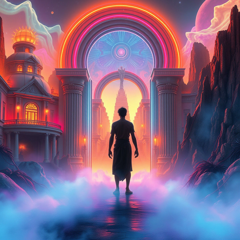 Seeker at Mystical Portal in Cyberpunk Dreamscape