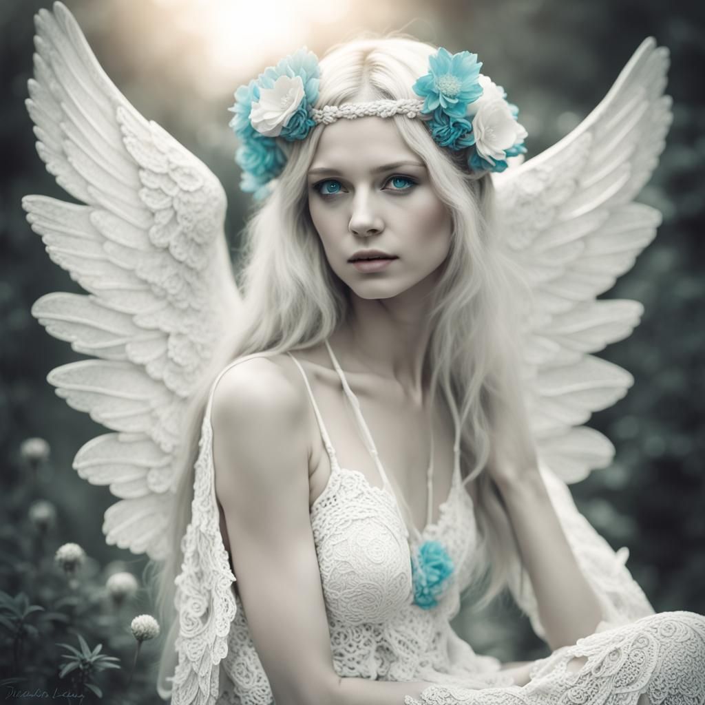 Ethereal Angelic Woman with Cyan Flowers