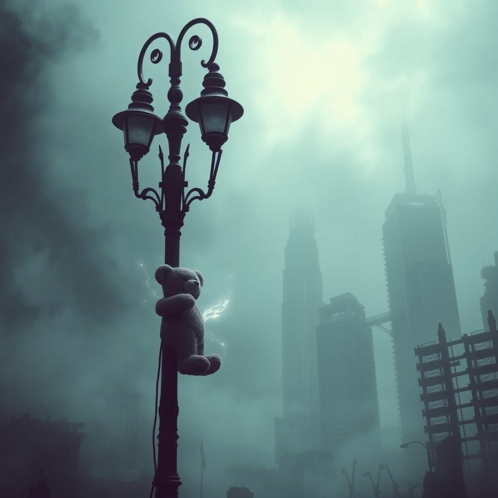 Ethereal Teddy Bear Guards Post-Apocalyptic Streetlamp