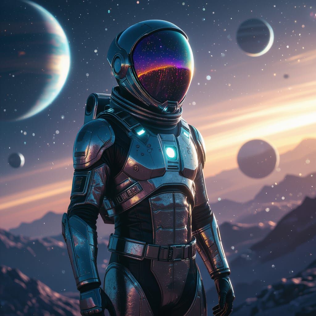 Alien Astronaut in Space with Reflective Suit