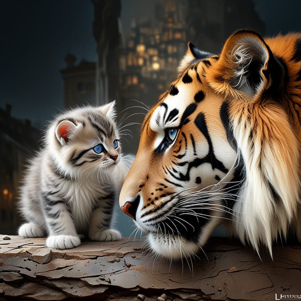 A  kitten and a  tiger