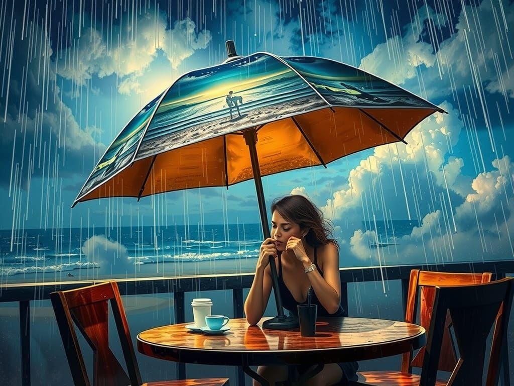 A Woman Sits Under a Colorful Beach Umbrella on a Rainy Day
