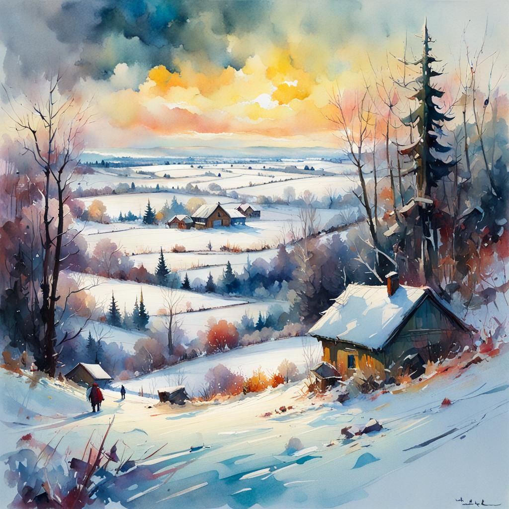Snowy Winter Landscape in Watercolour Style