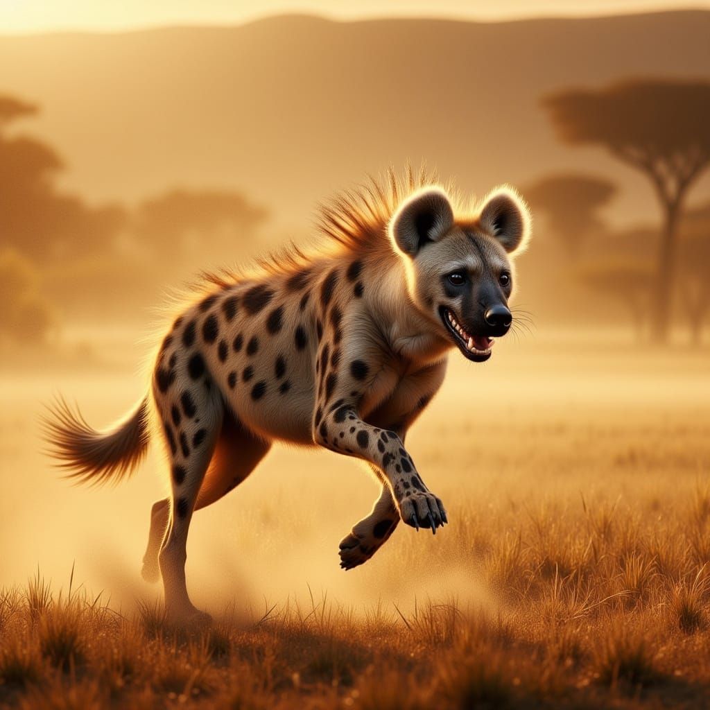 Spotted Hyena Sprinting Through Savanna at Golden Hour