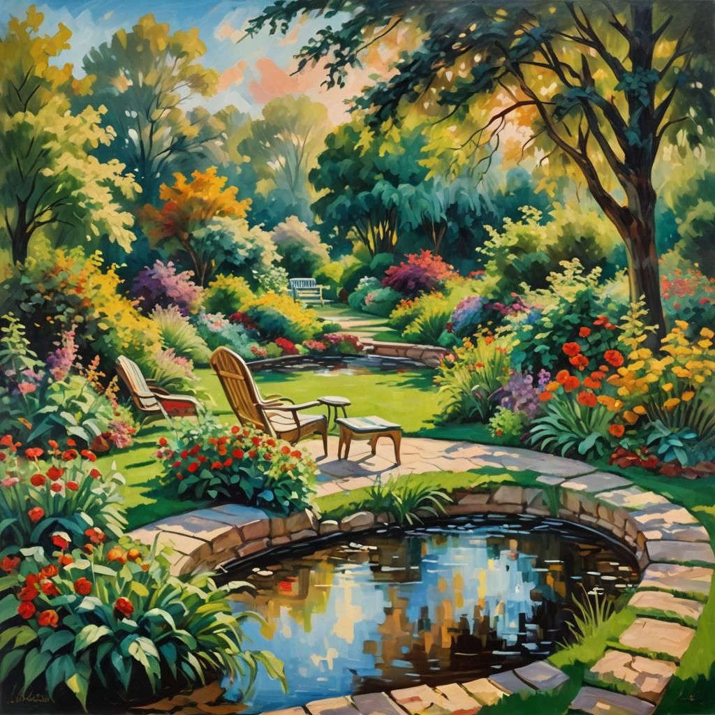 Lush Garden with Stream in Impressionist Style