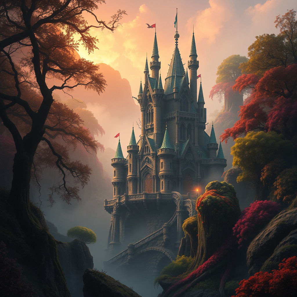Fantasy Castle in Lush Forest, Dreamlike Digital Art
