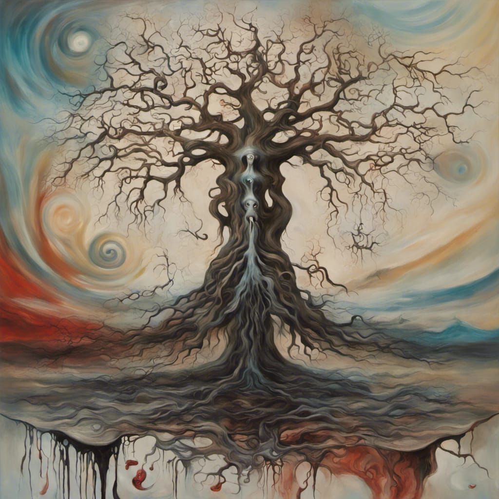 Terrifying Yggdrasil Tree in Surrealist Style