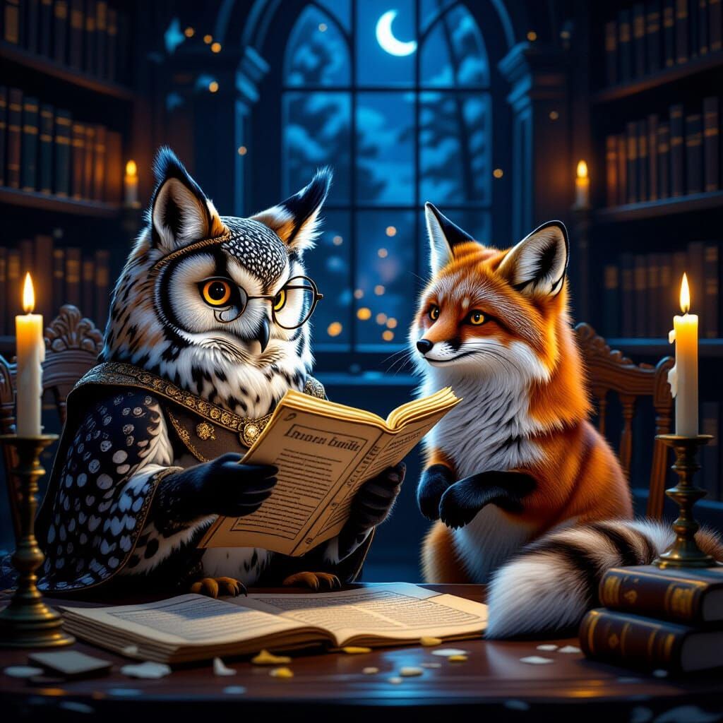 Animals' Secret Meeting in Candle-Lit Library