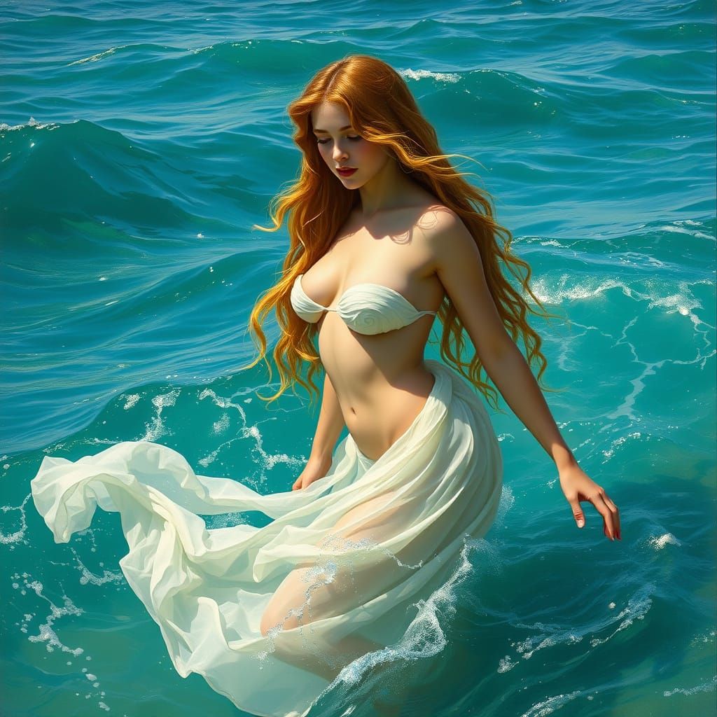 Goddess of Love Emerges from Turquoise Waves in Dreamy, Ethe...