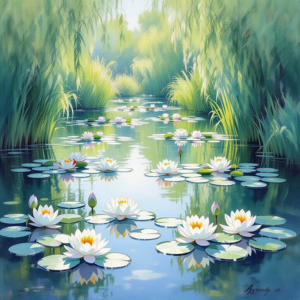Serene Waterlilies in Pale Green and Aqua Watercolor