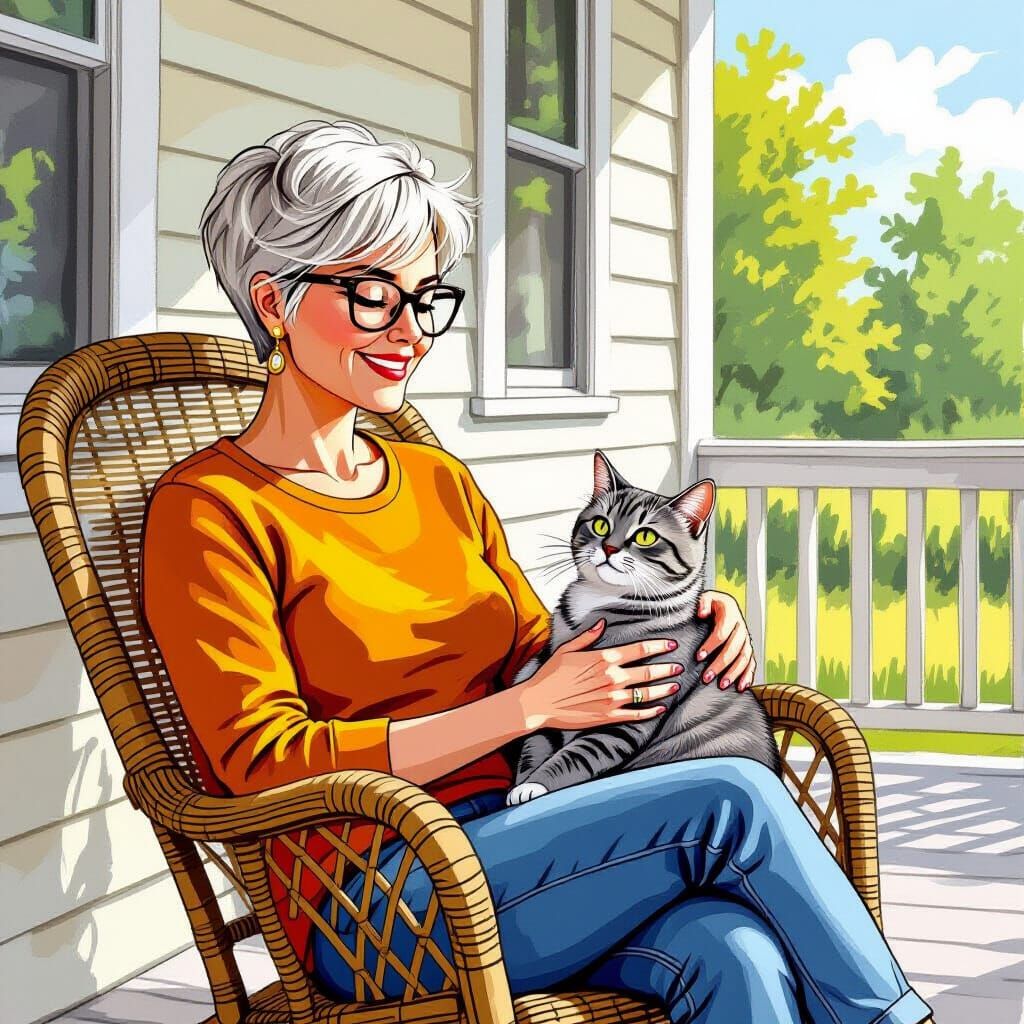 Woman and Cat on Veranda in Caricature Style