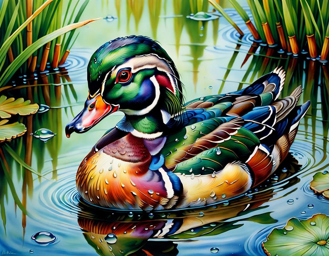 Colorful Wood Duck in Stylized Watercolor Art