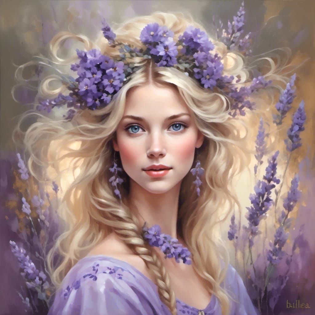Blonde Woman with Lavender Flowers, Oil Painting