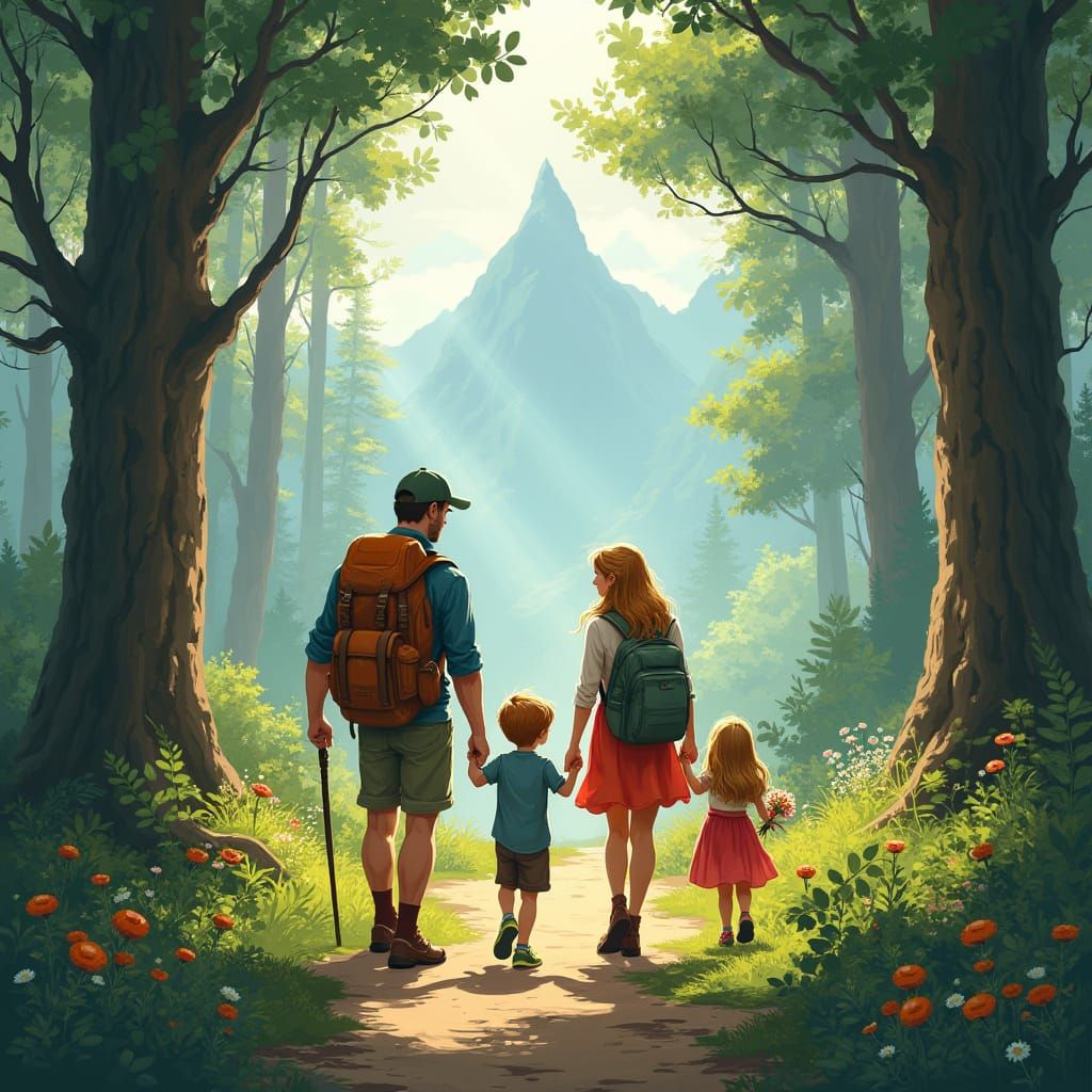 Family Hiking Through Mystical Forest