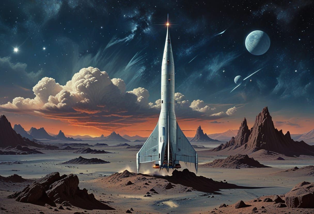 Retro Rocket on Mars in 1950s Sci-Fi Style